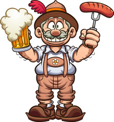 Bavarian man with traditional clothes celebrating Oktoberfest with a beer in one hand and a sausage in the other. Vector clip art illustration with simple gradients. Some elements on separate layers. 