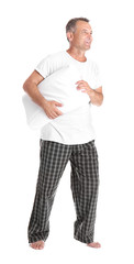 Man holding soft pillow on white background