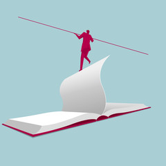 Businessman walking tightrope,standing on the page of the book.The background is blue.