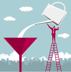 Businessman lifts the kettle,Watering the  funnel,The background is blue.