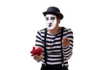 Mime with piggybank isolated on white background 