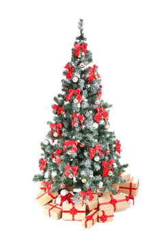 Beautiful Christmas tree with gifts on white background. Celebration time