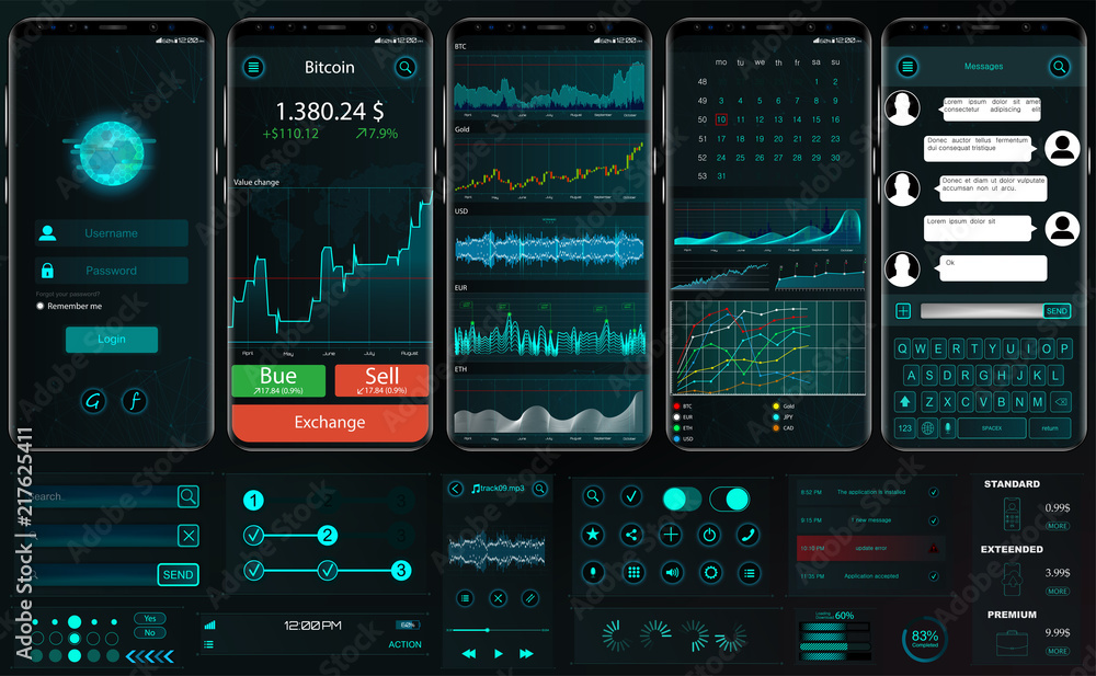 Aufkleber Interface app template for trading platform. UI, UX, Kit. Professional trader tools for successful trading. Trade exchange app on phone screen. Mobile banking cryptocurrency ui. Vector set elements
