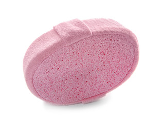 New pink bath sponge on white background