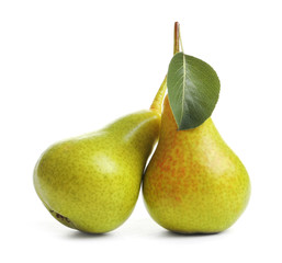 Whole ripe pears on white background