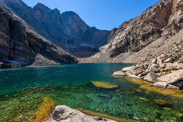 Clear Green Mountain Lake - A wide-angle summer afternoon view of Chasm Lake at base of Longs peak,  Rocky Mountain National Park, Colorado, USA. 