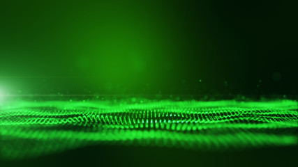 Green digital abstract background with wave particles, glow sparkles and space with depth of field. Particles form lines, surface and grid.
