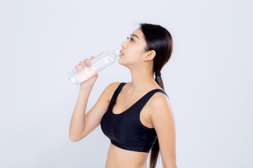 Beautiful portrait asian young woman bottle of water for healthy isolated on white background, girl...