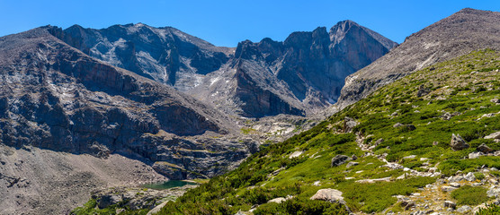 Longs Peak - A panoramic view of Longs Peak (Center-Right, 14,255 ft), with Mt. Meeker (Left) and Mt. Lady Washington (Far-Right), seen from Chasm Lake Trail, Rocky Mountain National Park, CO, USA.
