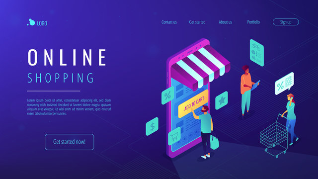 Isometric users doing shopping online with mobile phone landing page. Mobile shopping, ordering and buying online, e-commerce concept. Blue violet background. Vector 3d isometric illustration.
