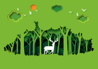 Naklejka premium Jeleń dzikość i eko zielony natura las tło szablon. Ekologia i ochrona środowiska kreatywny pomysł koncepcja papier styl sztuki. Ilustracja wektorowa.
