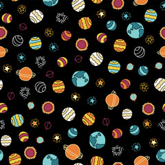 Space galaxy seamless vector background. Doodle stars and planets design. Red, orange, yellow, blue on a black background. Great for childrens market. Fabric, paper, back to school, cards for kids. © StockArtRoom