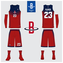 Naklejka premium Basketball jersey or sport uniform, shorts, socks template for basketball club. Front and back view sport t-shirt design. Tank top t-shirt mock up with basketball flat logo design. Vector 