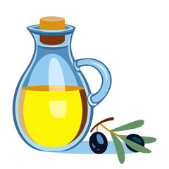 Isolated figure of a jug with olive oil, plugged with a stopper and olives in white background 