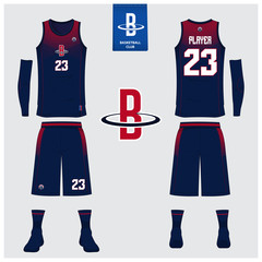 Fototapeta premium Basketball jersey or sport uniform, shorts, socks template for basketball club. Front and back view sport t-shirt design. Tank top t-shirt mock up with basketball flat logo design. Vector 