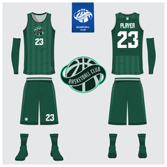 Fototapeta premium Basketball jersey or sport uniform, shorts, socks template for basketball club. Front and back view sport t-shirt design. Tank top t-shirt mock up with basketball flat logo design. Vector 
