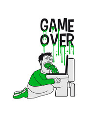 game over klo wc toilette kotzen übergeben brechen übelkeit erbrechen spucken schwall kotze ekelhaft ekelig alkohol kater betrunken saufen party bier schlecht comic cartoon clipart