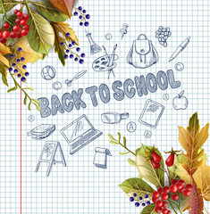 Banner with realistic leaves and school supplies, such as a backpack, book, laptop, globe and others, drawn pen on a notebook. Vector