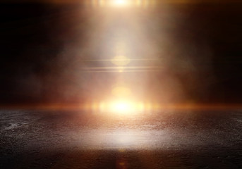Background of an empty dark room. Empty walls, lights, smoke, glow, rays