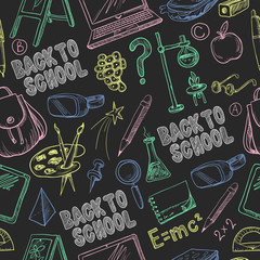 Seamless pattern with school supplies, such as a backpack, book, laptop, globe and others, drawn chalk on a blackboard. Vector