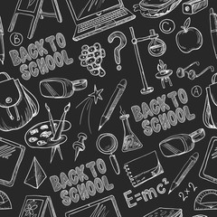 Seamless pattern with school supplies, such as a backpack, book, laptop, globe and others, drawn chalk on a blackboard. Vector
