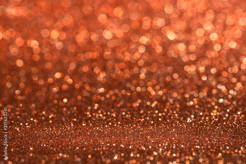 Aufkleber abstract red copper sparkling glitter wall and floor perspective background studio with blur bokeh.l
