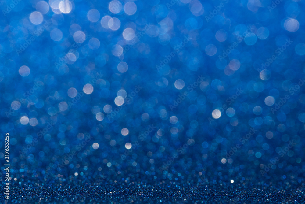 Poster Abstract blue sparkling glitter wall and floor perspective background studio with blur bokeh.luxury holiday backdrop mock up for display of product.holiday festive greeting card.