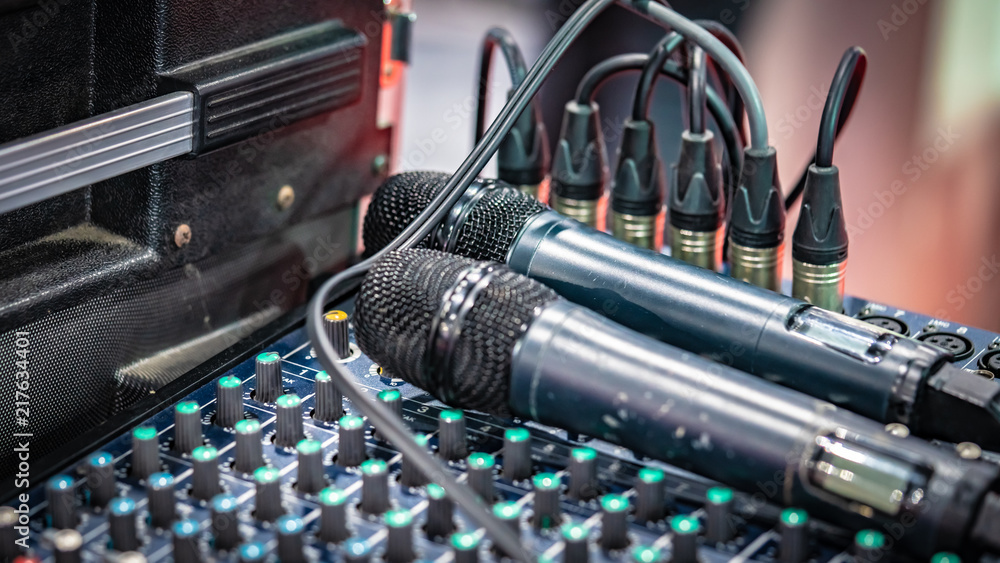 Poster mic microphone and sound mixer control panel buttons