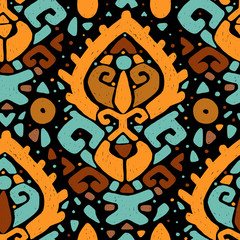 Ikat ornament. Tribal pattern in Aztec style. Hand Drawn folklore seamless pattern. Can be used for wallpaper, website background, textile, phone case print