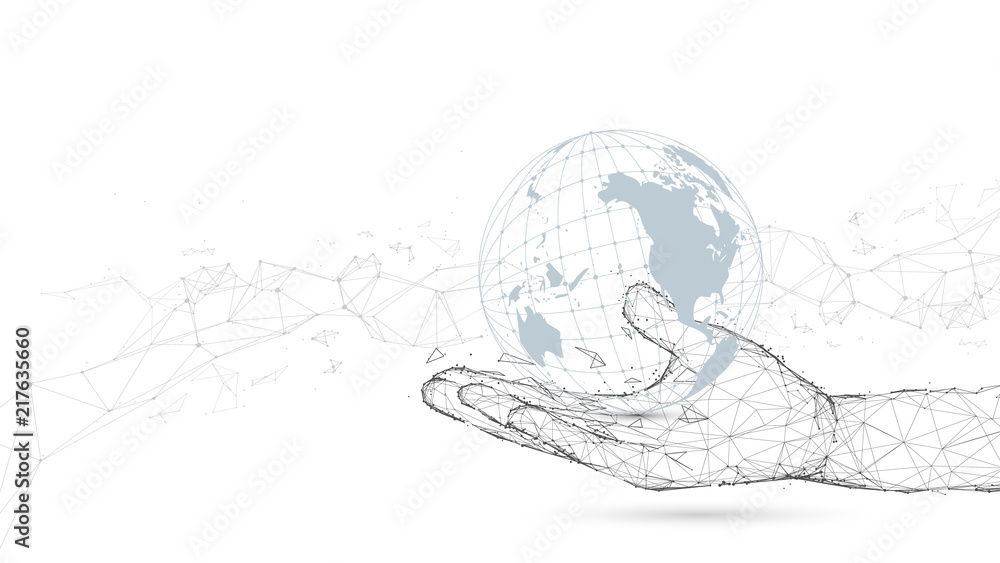Aufkleber Hand holding with global connection. Lines and particle style