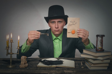 Man in bowler with top secret documents in hands and clue key to unravelling is sitting by table....