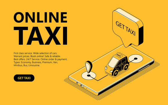 Online taxi vector illustration of isometric black thin line art on yellow halftone background. Mobile phone screen with a car driving along the route, web page for receiving a cab