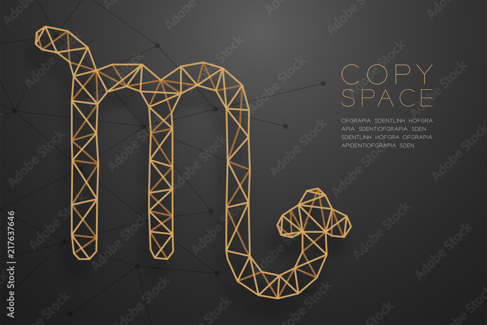 Poster scorpio zodiac sign wireframe polygon golden frame structure, fortune teller concept design illustra