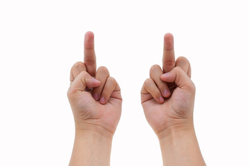Human two hand gesturing with middle finger on white background