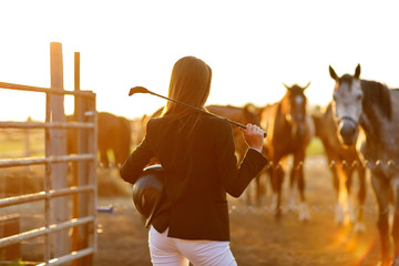rider woman with whip at the sunset
