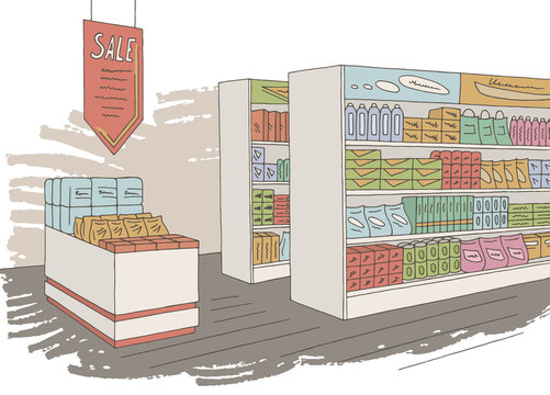 Grocery store shop interior color graphic sketch illustration vector