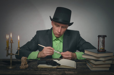 Detective agent collecting a compromising evidence and searching for fingerprint. Detective or spy...
