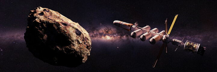 spaceship approaching asteroid, dwarf planet mission, deep space exploration - obrazy, fototapety, plakaty