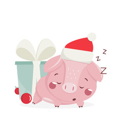 Happy new year greeting card with cute sleeping pig. Chinese symbol of the 2019 year. Design for print, poster, invitation, t-shirt. Vector illustration.