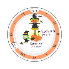 Funny halloween party invitation with witch, scarecrow and pumpkins  on the clock. Happy halloween concept. Cartoon vector illustration.  