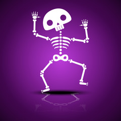 Cartoon dancing skeleton with reflection on a purple background for Halloween party.