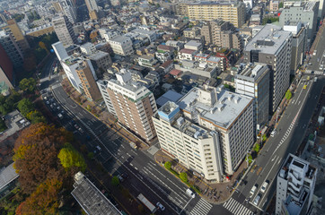 cityscape of tokyo city skyline in Aerial view with road, skyscraper, modern business office building with blue sky background in Tokyo metropolis city, Japan.