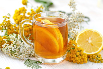 Herbal tea. Detox drink with wild herbs and lemon