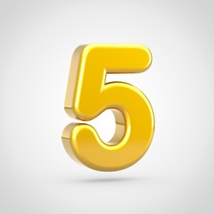 3D Golden number 5 isolated on white background.