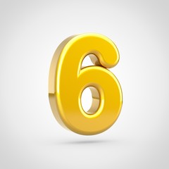 3D Golden number 6 isolated on white background.