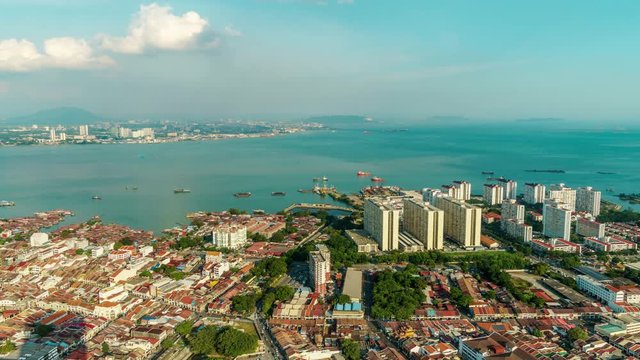 Day view of the city and sea bay of George Town, Malaysia in summer sunny day. 4k time lapse