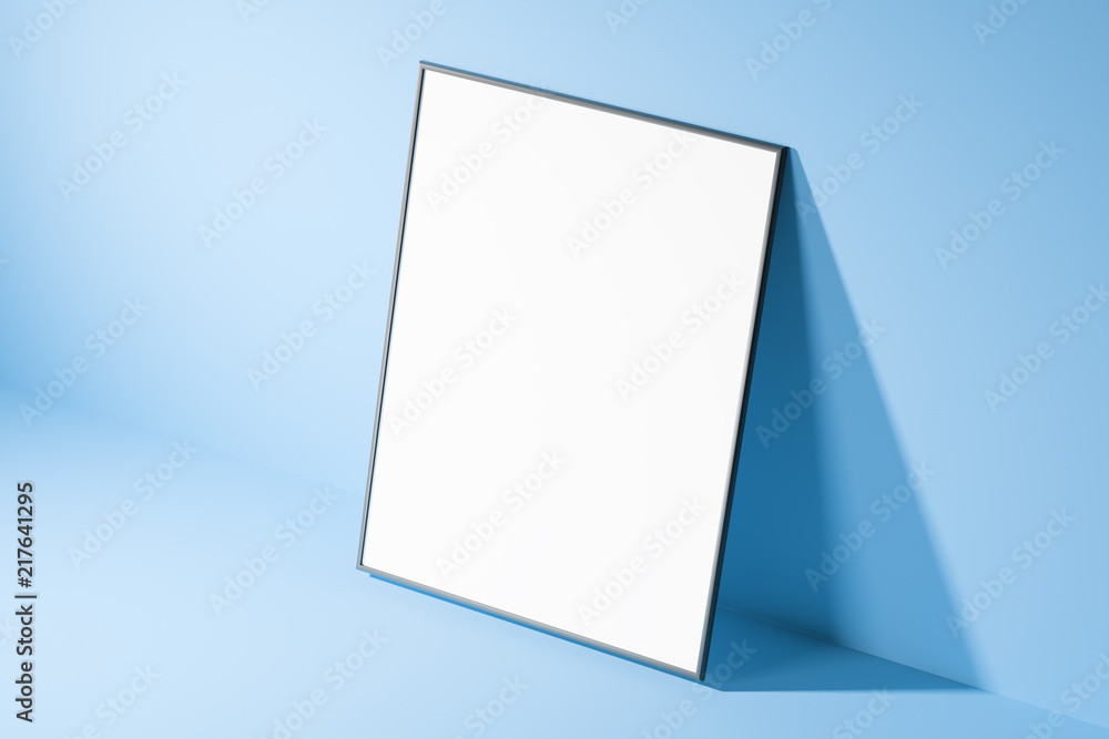 Poster blank white vertical frame on blue background. top view. mock up. 3d rendering