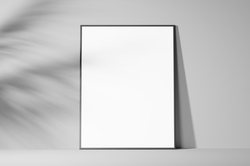 The layout of the empty white frame on a light background. Front view. Mock up. 3d rendering