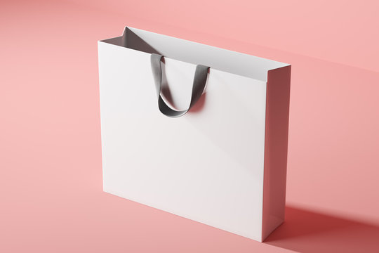 Stylish shopping bag isolated on pink background. Top view. Mock up. 3D rendering