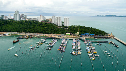Fototapeta na wymiar Topview Marine station Luxury yachts and private boats seaport in Marine station complex , Pattaya City Chonburi province on 2017 , landscape Thailand